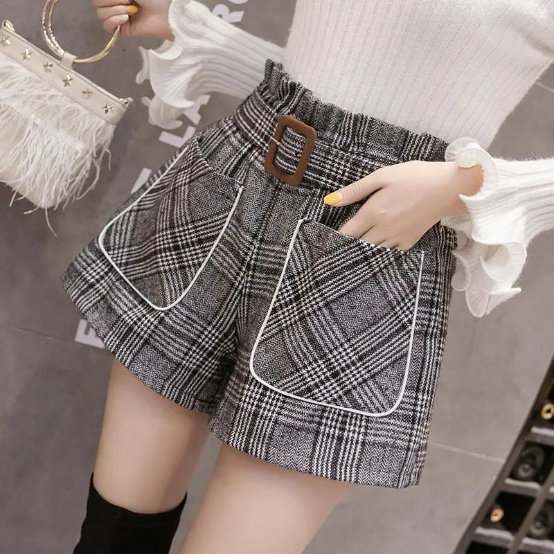 Women's Elastic Waist Pocket Plaid Woolen Female Pants Autumn and Winter 2023 Preppy Style High Waist Loose Sashes Sweet Shorts