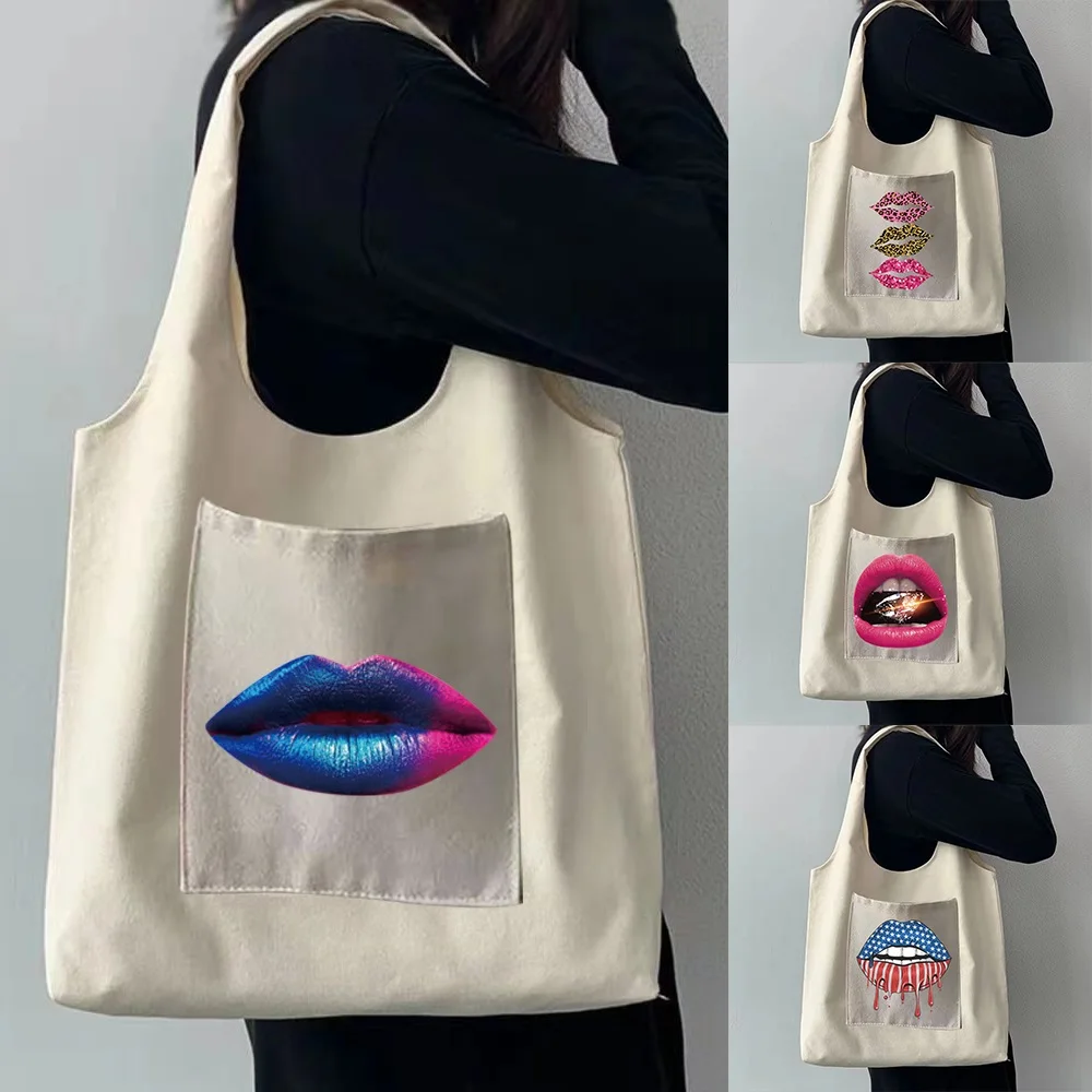 Large Travel Shopping Bag Ladies Fashion Lip Print Portable Messenger Shoulder Canvas Bag Pocket Storage Groceries Can Be Folded 2022 fashion women bags fashion brand round bag commuter flamingo pattern print ladies street canvas black shopping shoulder bag