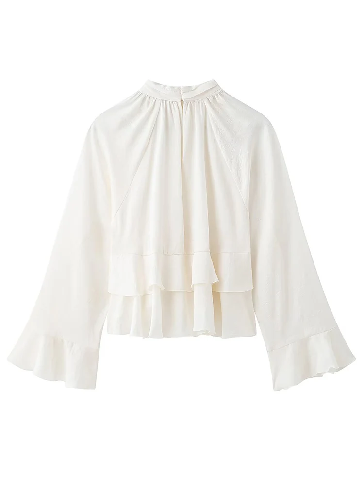 TFMLN Sweet Women Solid Tierred Blouses Fashion Chic Causal O-neck Long Flare Sleeve Ruffles Pullover Tops 2025 Spring Summer