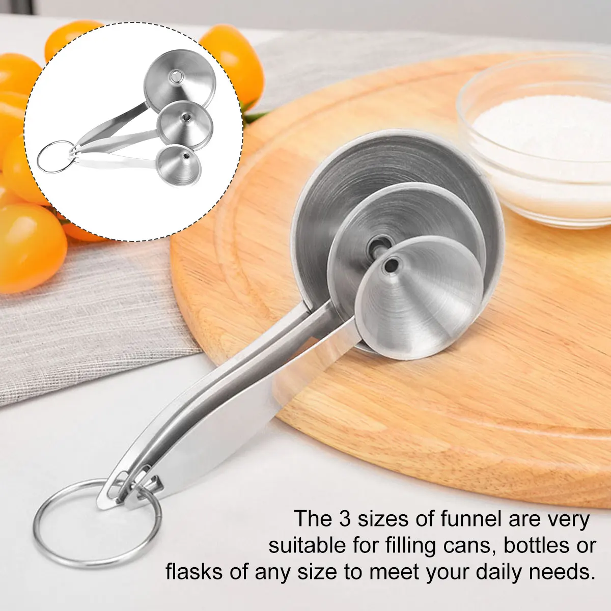 NEW 3 Size Funnels Set Stainless Steel Funnels Long Handle Design Multi