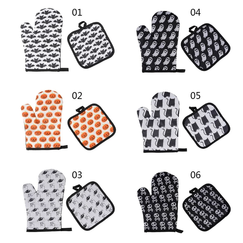 Heat Resistant Oven Mitts Pot Holders Halloween Style with Non-Slip Surface Safe for Baking Cooking Barbecue for Kitchen B03E