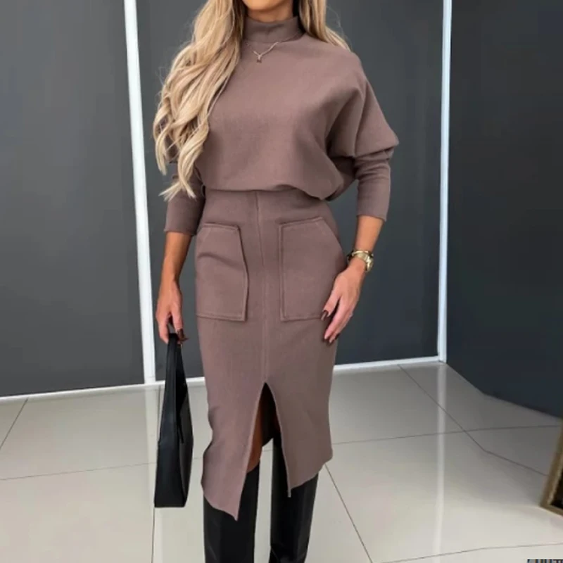 Elegant Women Knitted Skirt Two Piece Set Chic Commute Office Outfits Lady Solid Turtleneck Top And Slim Slit Pocket Skirt Suits