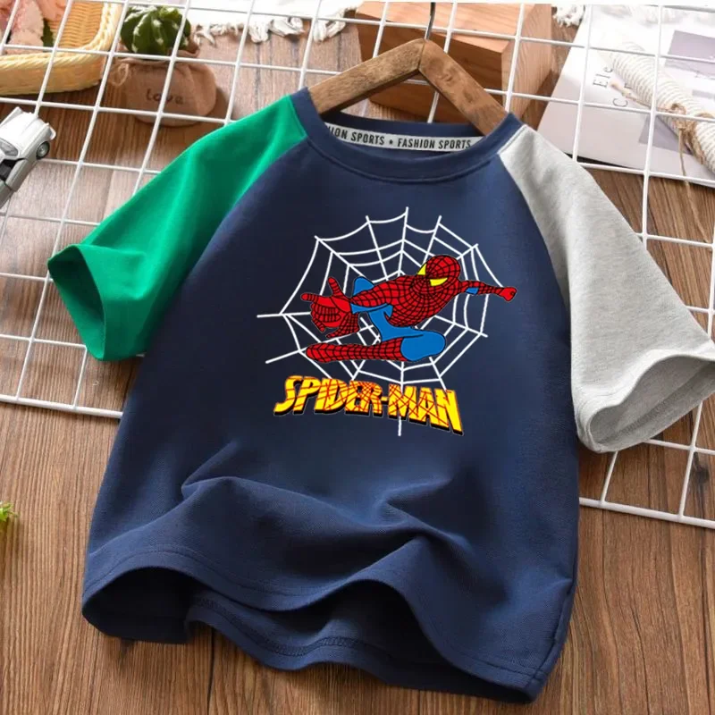 

Kids Boys New Summer Spiderman Clothes T-shirt Baby Sport Cartoon Contrast Color Short Sleeves Tee Fashion Children Costume Tops