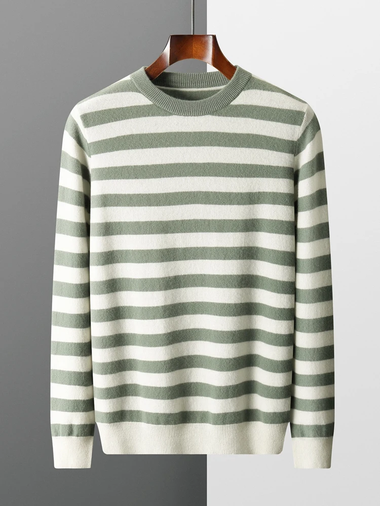 2024 Spring Autumn Men's Sweater 100% Merino Wool  Striped O-Neck Pullovers Knitwear Casual Tops Loose Large Size Men Shirt S-3X
