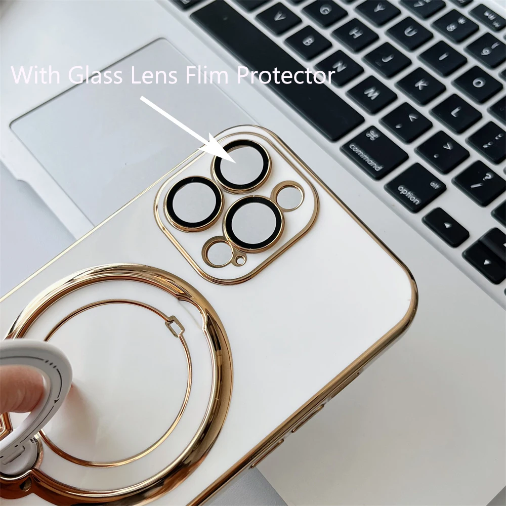 Custodia per telefono con anello magnetico placcato per iPhone 15 14 13 12 11 Pro Max XR XS X 7 8 Plus per ricarica wireless Magsafe_voghion.com