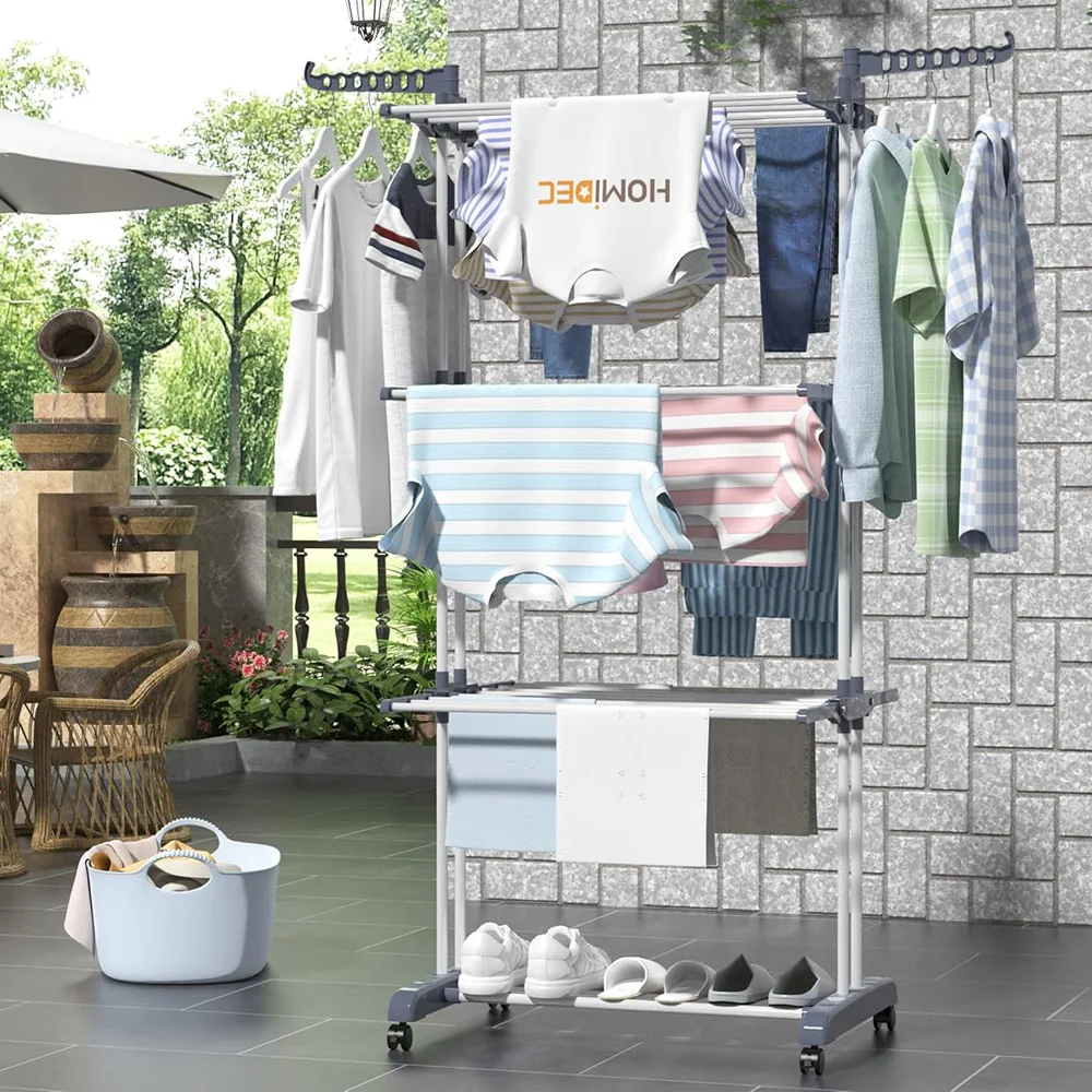 Clothes Rack, 4-Tier Foldable Drying Rack, Movable cloth drying stand with 4 castors. Stainless Steel Laundry Drying Rack 1
