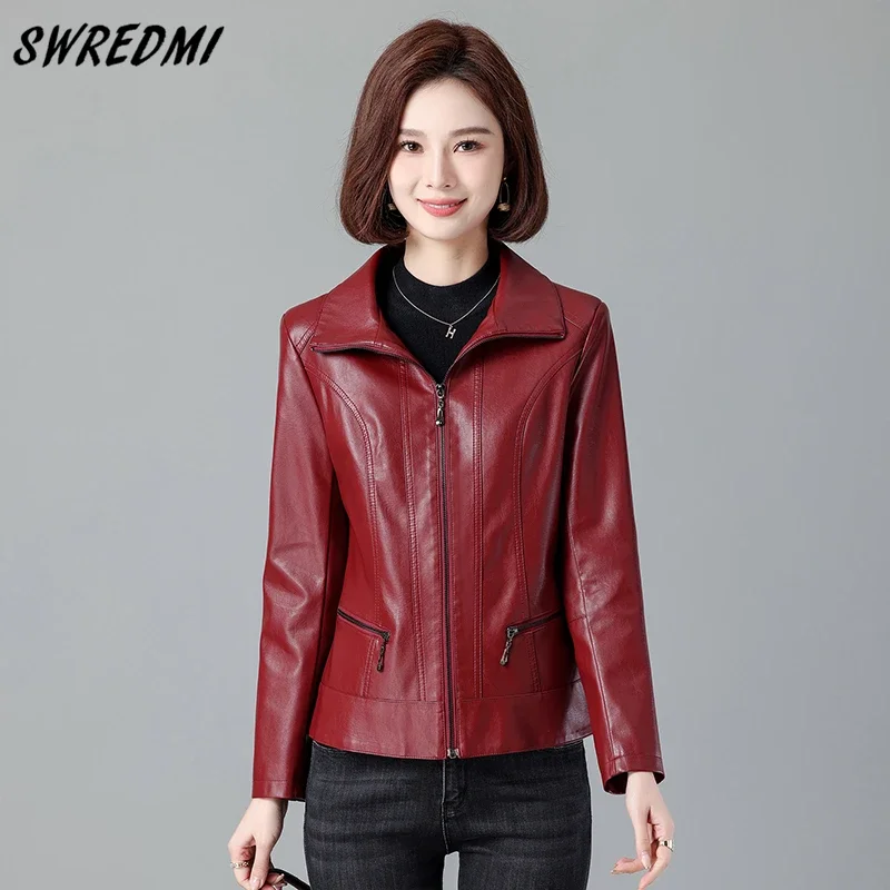 

SWREDMI Jacket Women Turn-down Collar Zipper Coat M-6XL High Quality Faux Leather Clothing For Spring Autumn Top Chaqueta Mujer