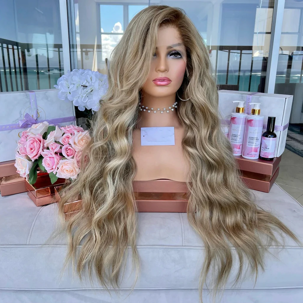 

Light Ash Blonde Full Lace Human Hair Wigs Ash Roots Lowlights Glueless 13x6 HD Lace Frontal Wig 34" 200% Free Style Slight Wavy