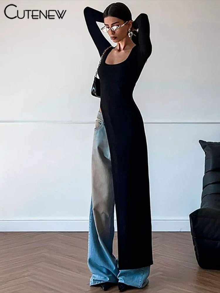 Solid Super Long Tops Women Casual Fashion Full Sleeve Square Neck Splited Skinny Tees Solid Concise Female Classic Wear