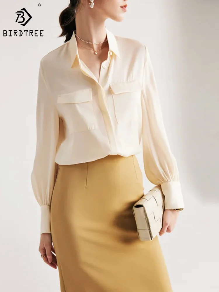 

Birdtree,90% Silk 10% Spandex Dress Shirts,Women Turn Down Collar Double Pocket Tops,Long Sleeve Office Blouses,T36524JM