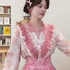 Women's Pink Floral Print Blouse V-Neck Lace Embroidery Ruffle Trim Long Sleeve Casual Top