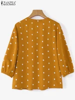 ZANZEA 2025 Summer Polka Dot Bohemian Blouse Fashion 3/4 Puff Sleeve Shirts Casual Loose Lace Up Tops Tunics Blusas Femininas - Image 6