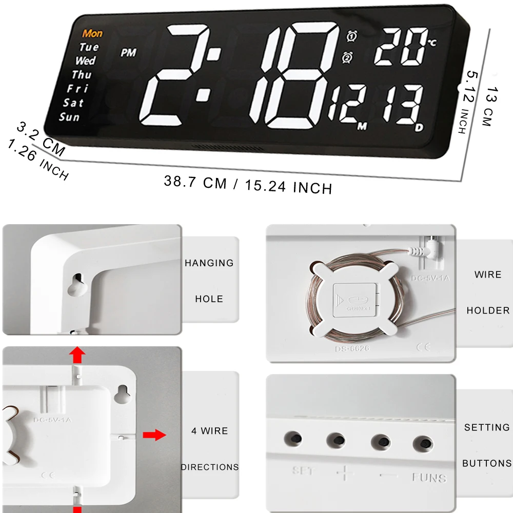 Digital Wall Clock Dual Alarms Temperature Thermometer