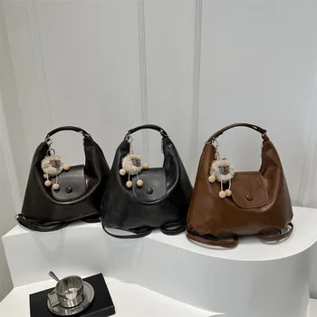 Borsa a Tracolla Grande Capacità in PU, Borsa Hobo con Bottone Magnetico, Borsa Sottobraccio Retrò Francese, Zaino Monocolore Texturizzato, Borsa a Mano da Donna