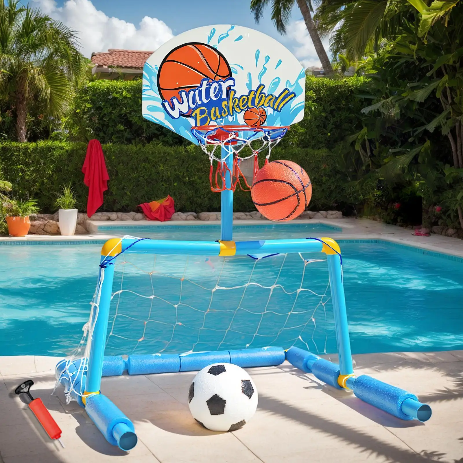 Poolside Basketball Hoop 2 In 1 Swimming Pool Football Goal With 2 Balls And 1 Pump Interactive Water Play Toy Basketball Hoop