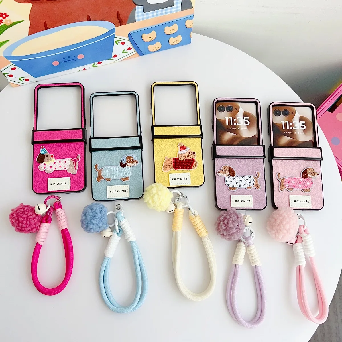 Cartoon Sausage Dog PU Leather Phone Case with Wrist Strap and Hinge Protection
