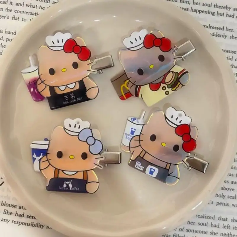 

New Waiter Hello Kitty Hair Clip Kawaii Cute Sanrio Anime Creative Girls Hair Clip Fast Food Restaurant Waiter Broken Hair Clip