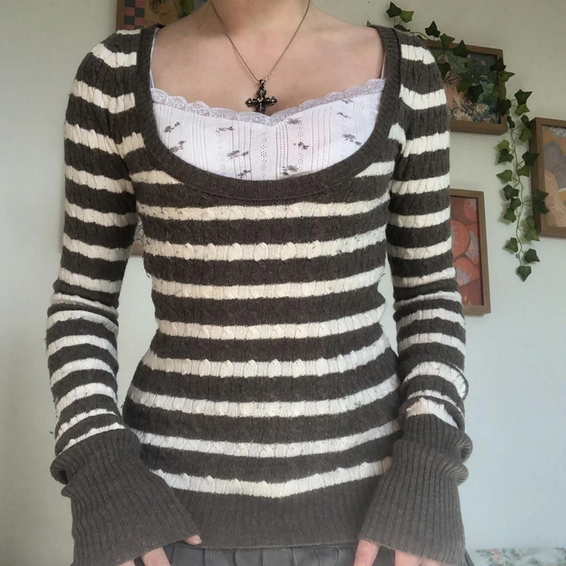 Women's Y2K Striped Off Shoulder Shirt - Emo Grunge Oversized Long Sleeve Top