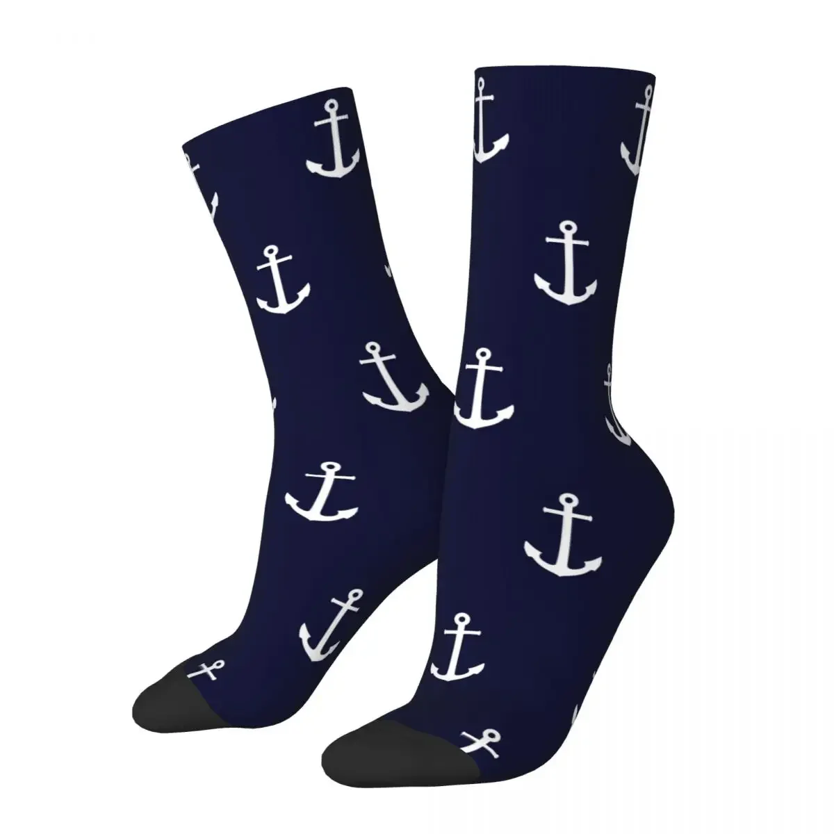 

All Seasons Crew Stockings White Anchor On Navy Blue Socks Harajuku Crazy Hip Hop Long Socks Accessories for Men Women Gifts