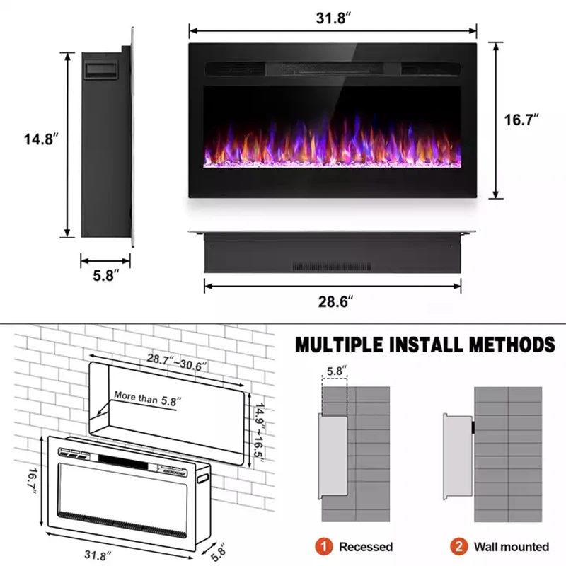 New 3D Electric Fireplaces Home Heater Indoor Stoves Recessed Wall Mounted Decor Flame Electric Fireplaces 31"36"43"50"60"72"