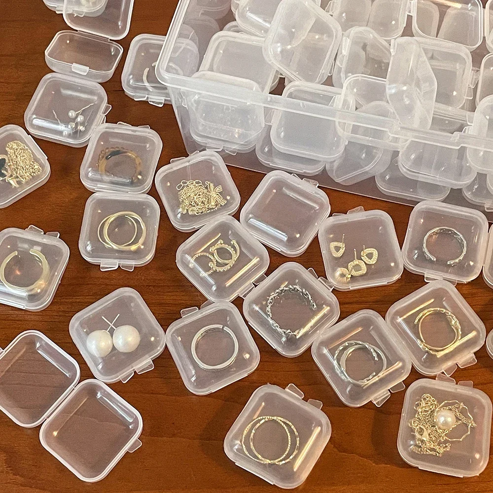 100PCS Small Boxes Square Transparent Plastic Box Jewelry Storage Case Finishing Container Packaging Storage Box for Earrings