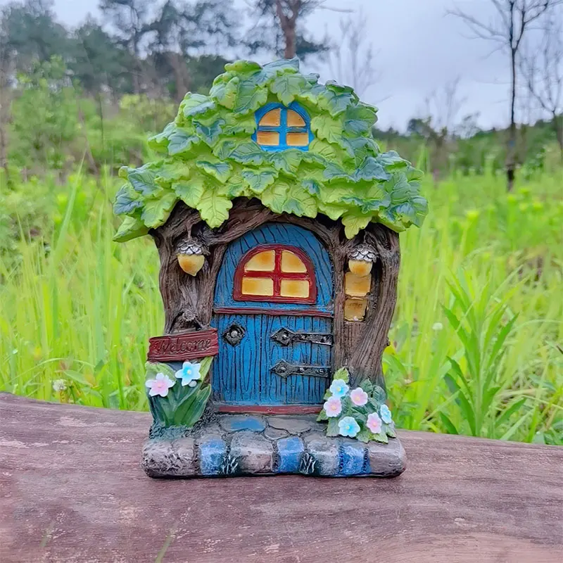 Fairy House Garden Door Sculptures Elf Tree House Figurine Resin Craft Statue Outdoor Ornament For Home Garden Yard Lawn Decor