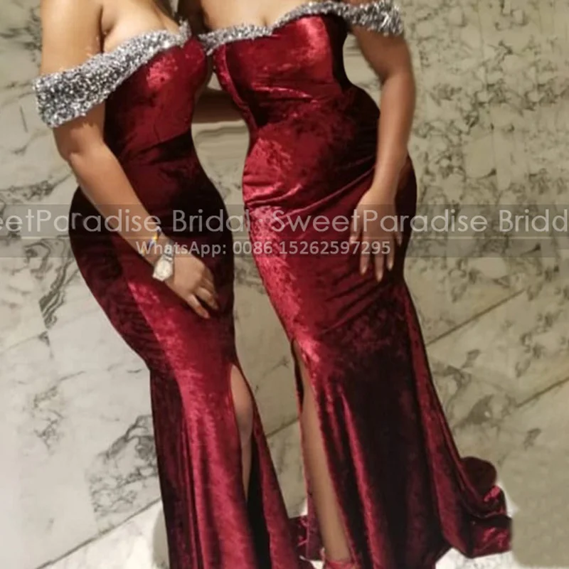 

Bling Beads Sequins Off Shoulder Bridesmaid Dresses Side Split Mermaid Long Burgundy Velvet Plus Size Women Party Dress