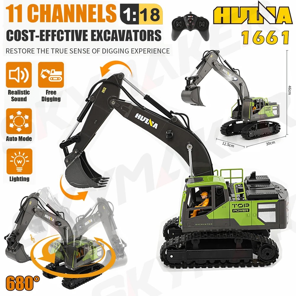 1/18 Huina RC 굴삭기 합금 리모컨 합금 파기 버킷, 11 채널 2.4G, LED 조명 모델, RC 트럭 장난감, 남아용 선물