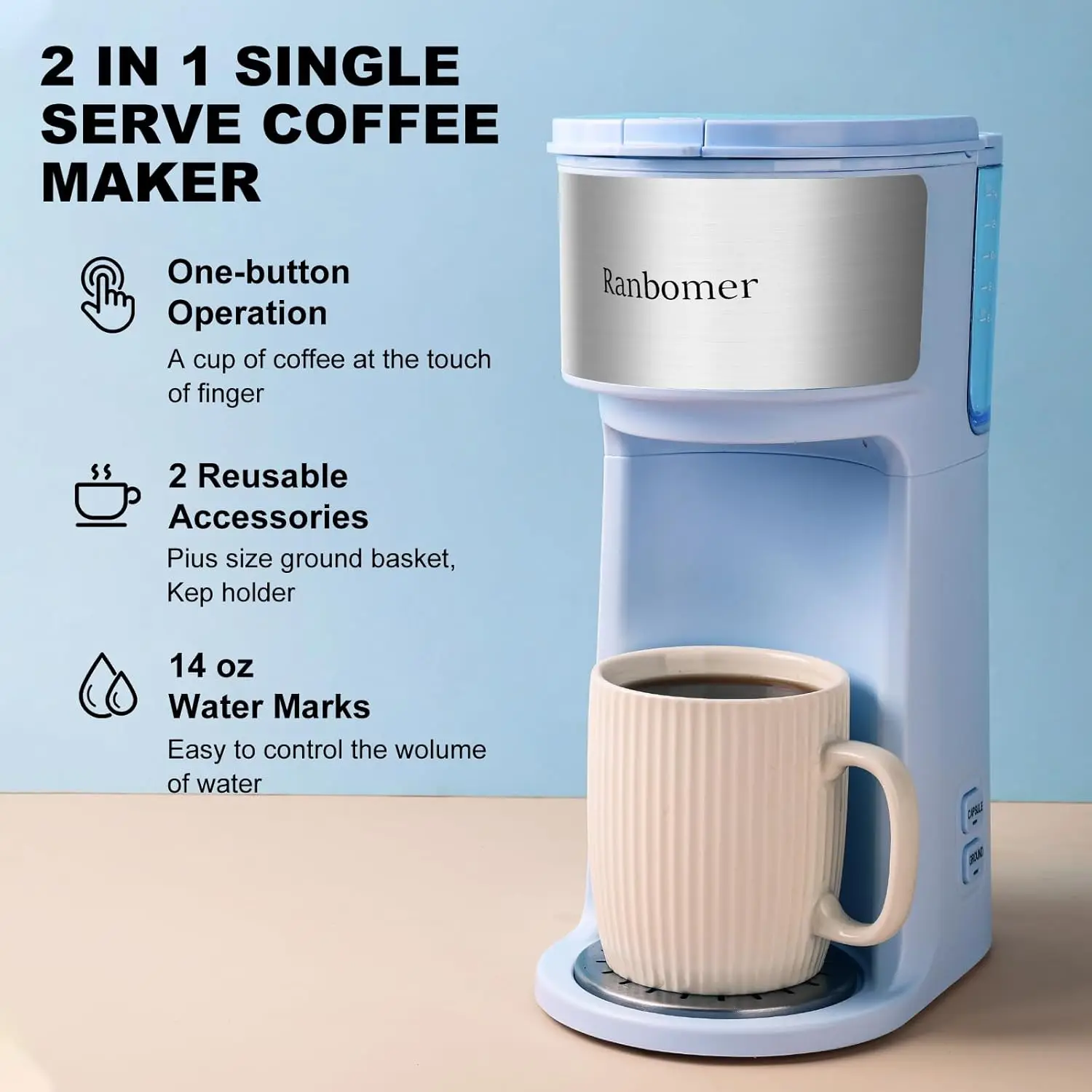 Single Serve Coffee Maker, K Cup and Ground Coffee Machine 2 in 1, 6 to 14 Oz Brew Sizes, Mini One Cup Coffee Maker(Blue) 5