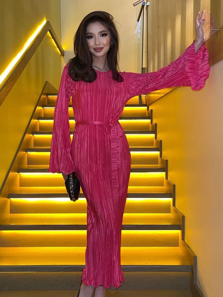 

Осеннее длинное платье, женские элегантные платья с длинным рукавом, женское винтажное облегающее плиссированное платье макси, женское Повседневное платье с круглым вырезом