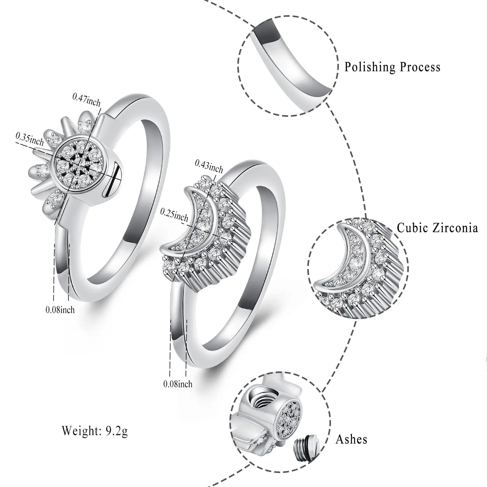 Cremation Jewelry for Ashes Rings Sparkling Sun and Moon Ring Set Memorial Urn Ring for Ashes 3