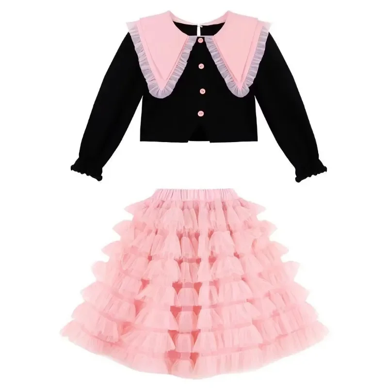 

Fashion Baby Girls Elegant Suit Autumn Infant Toddle Child Lace Lapel Top+Tulle Skirt 2Pcs Set Pink TuTu Dress Baby Clothes1-14Y