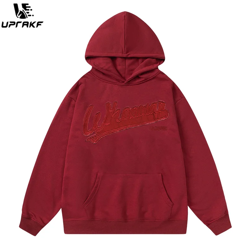 UPRAKF Vintage Solid Letter Sticker Embroidered Hoodie Oversize Long Sleeve Autumn Fashion Pullover Casual Tops Streetwear