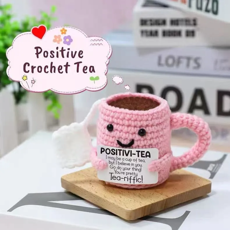 Cheerful Handmade Pink Crochet Tea Cup Doll with Motivational Card - Uplifting Desktop Ornament