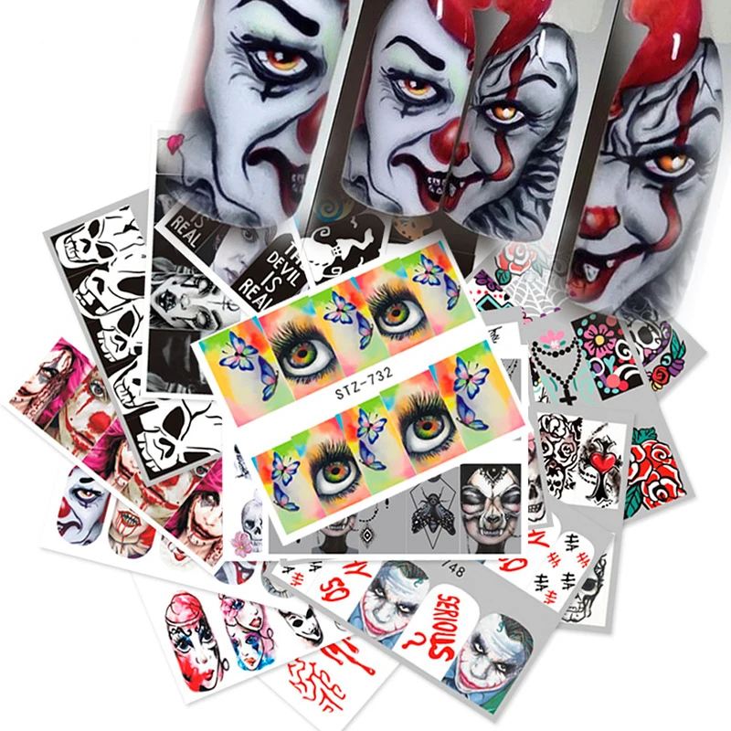 Halloween Nail Art Decoration Gothic Terrifying Stickers Skull Bone Water Transfer Slider Decal Clown Black Manicure Tattoo |