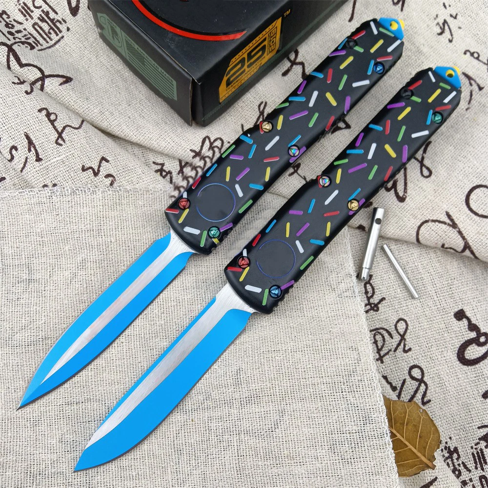 

Tactical MICRO ULTRA OTF AU.TO Pocket Knife 440C Blade Donut Pink&Blue Aluminium Alloy Handles Outdoor EDC Self Defense Knives