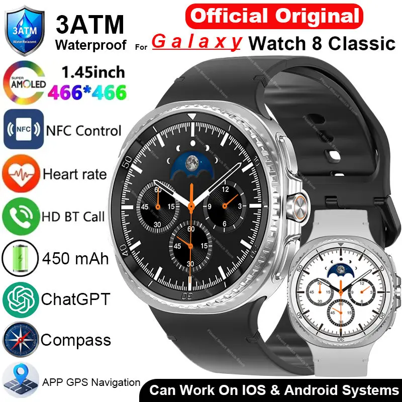 Original Watch 8 Classic Smartwatch 2025 Ultra HD Screen ChatGPT GPS NFC Compass Clock Bluetooth Call Waterproof Watch Men Women