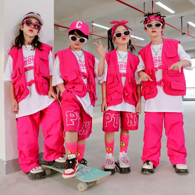 

Summer Kids Hip Hop Clothing Rose Red Vest Shorts Girls Jazz Dance Costume Boys Street Dance Clothes Teenage Group Kpop Outfit