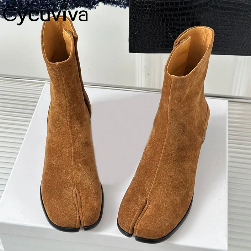 

Brown Leather Split Toe Ankle Boots Women Chunky Low Heel Brand Tabi Boot Winter Runway Party Designer Ninja Shoes For Women