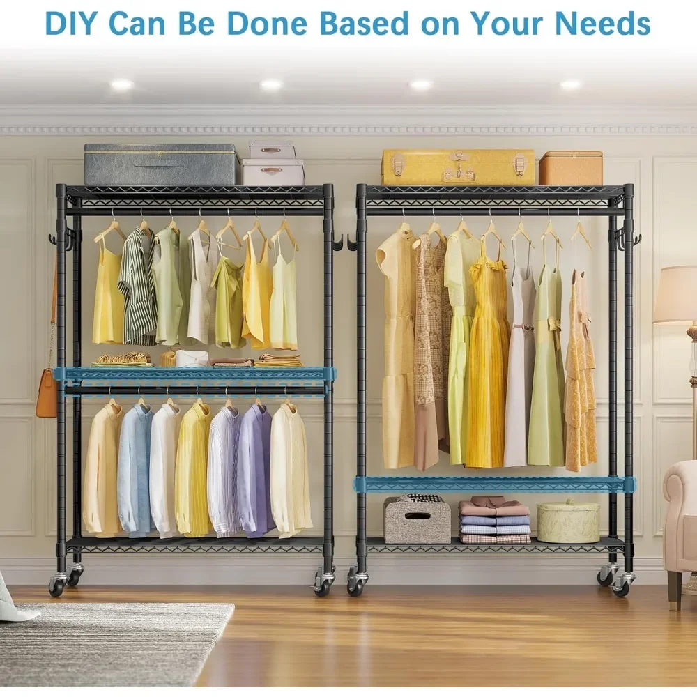 New2025-R2 Plus Heavy Duty Rolling Garment Rack 3 Tiers Adjustable Wire Shelving Clothes Rack with Double Rods and Side Hooks, F