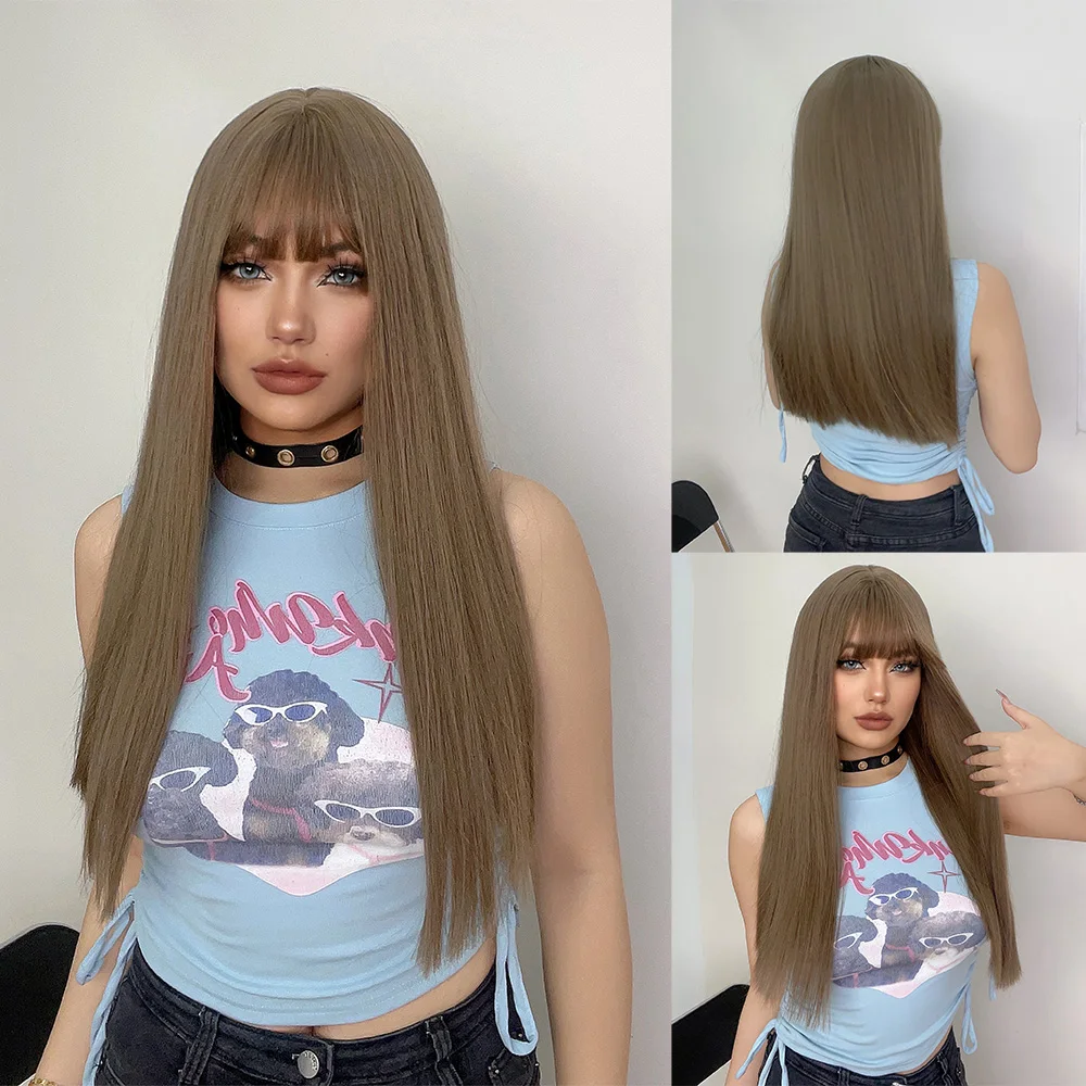 24Inch Tea Brown Color Synthetic Wigs With Bang Long Natural Straight Hair Wig For Women Daily Use Cosplay Party Heat Resistant