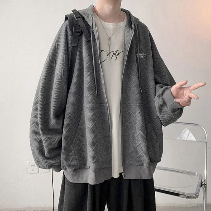 Autumn Jacquard Zipper Hooded Sweatshirt Men Korean Fashion High Street Cardigan Casual Oversized Y2K Vintage Hoodies Jacket customized hoodies,men hoodie