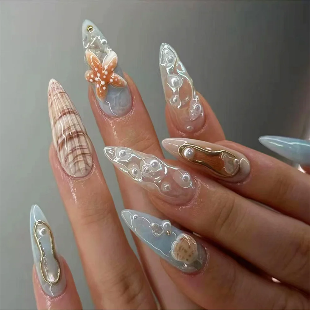 Wearable Blue Stiletto Almond False Nails 1