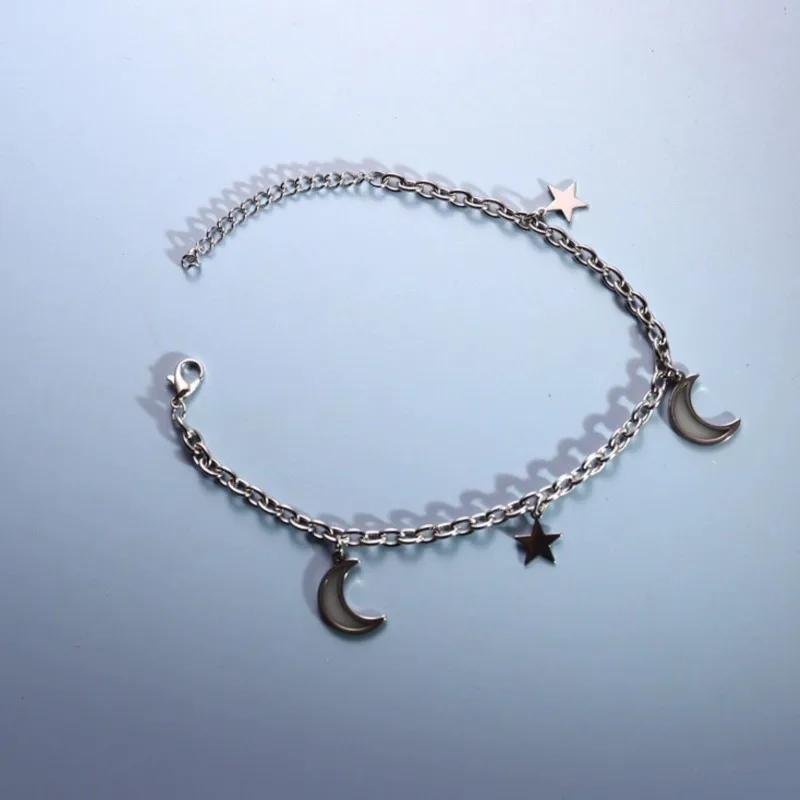 Stainless Steel Luminous Star and Moon Pendant Anklet for Women Personalized Creative Foot Chain Vocation Jewelry Gifts