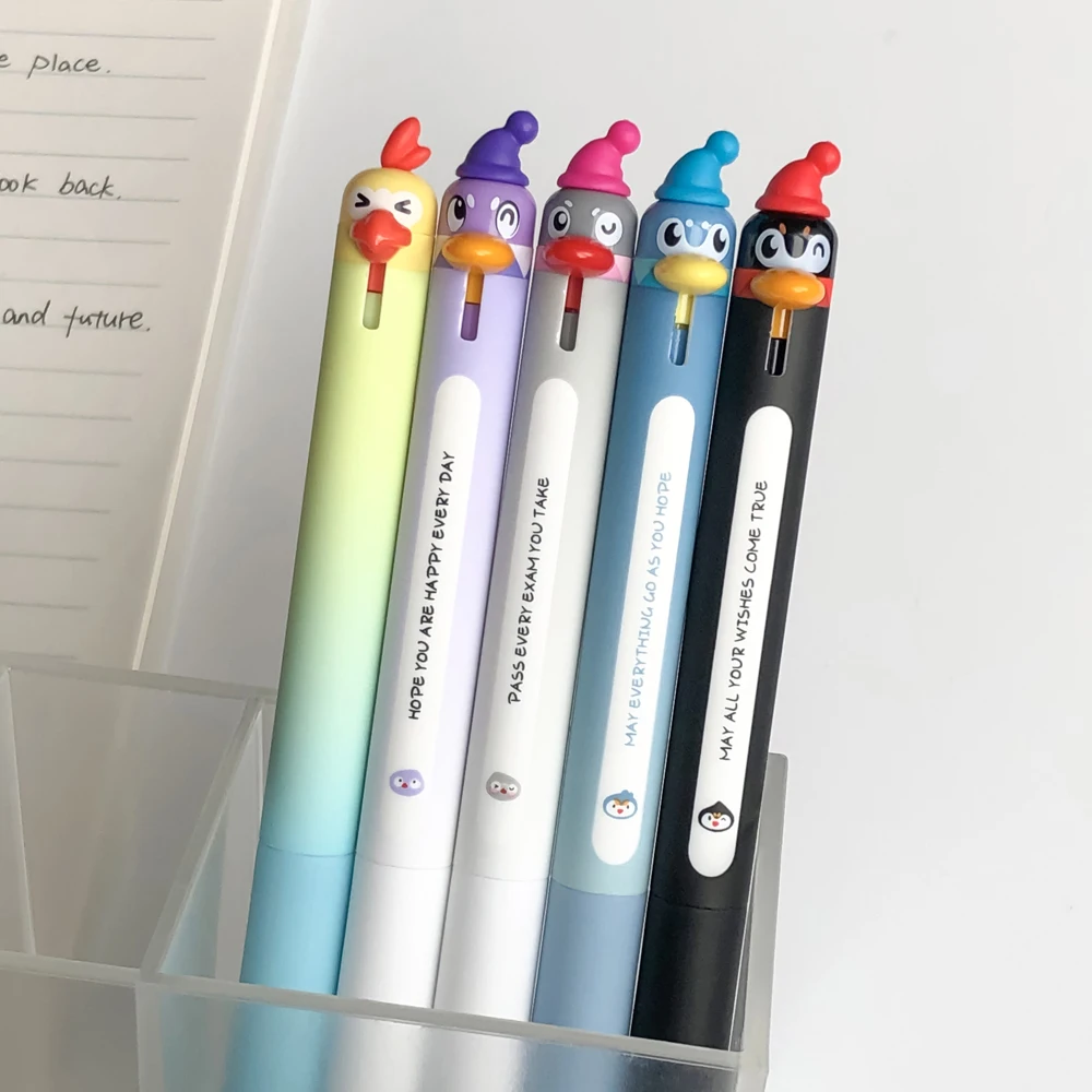 4 Pcs/Set Creative Penguin Parrot Design Gel Pens 0.5mm Black Fine Point Retractable Quick-Drying Smooth Writing Pens Stationery