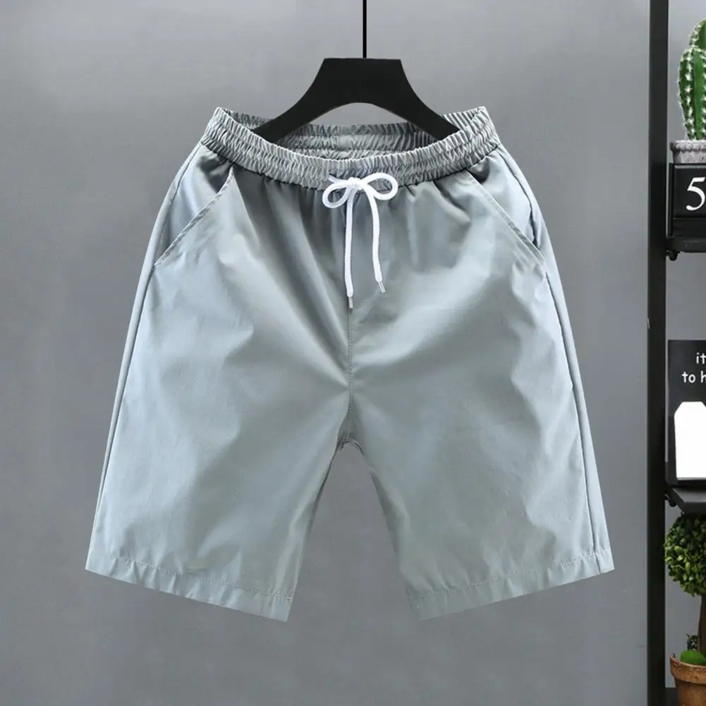 Elastic Waist Shorts Solid Color Elastic Waist Men's Summer Shorts With Drawstrings Wide Leg Pockets For Fitness Wear Men Shorts