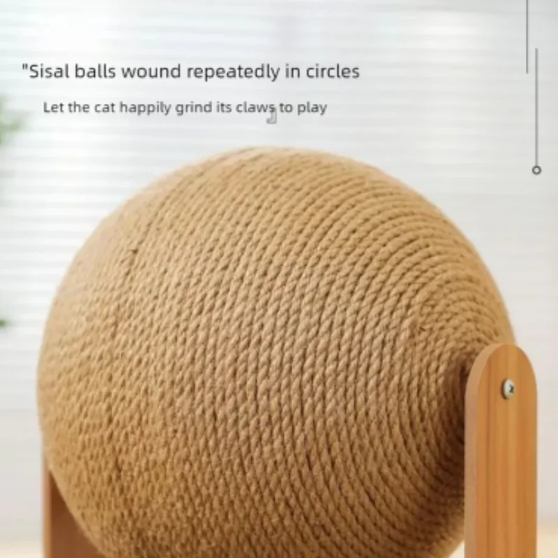 A high-resolution close-up of a spherical cat toy made of tightly wound, natural-colored sisal rope. The text above reads, "Sisal balls wound repeatedly in circles," highlighting the durable, coarse texture designed for cats to grind their claws.