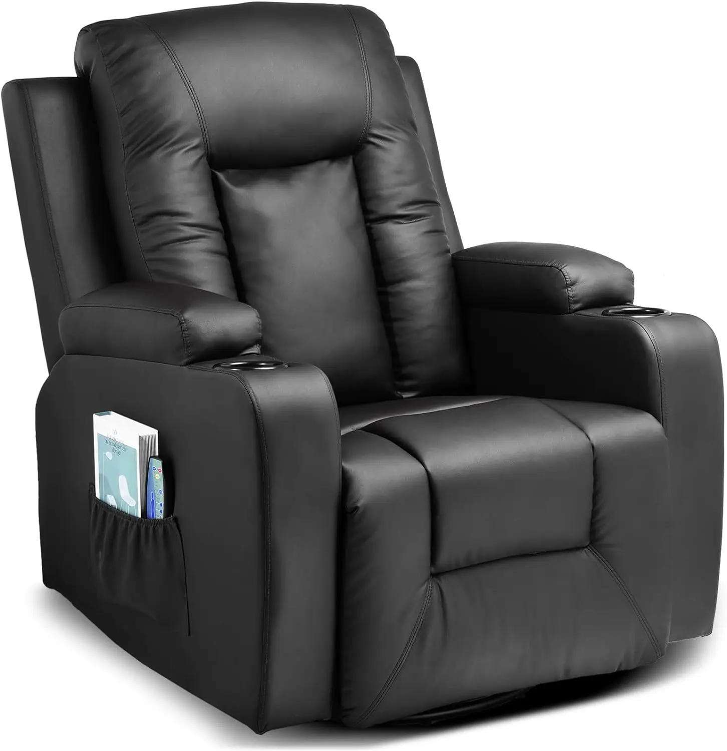 

COMHOMA Leather Recliner Chair Rocker with Heated Massage Ergonomic Lounge 360 Degree Swivel Single Sofa Seat Drink Holders