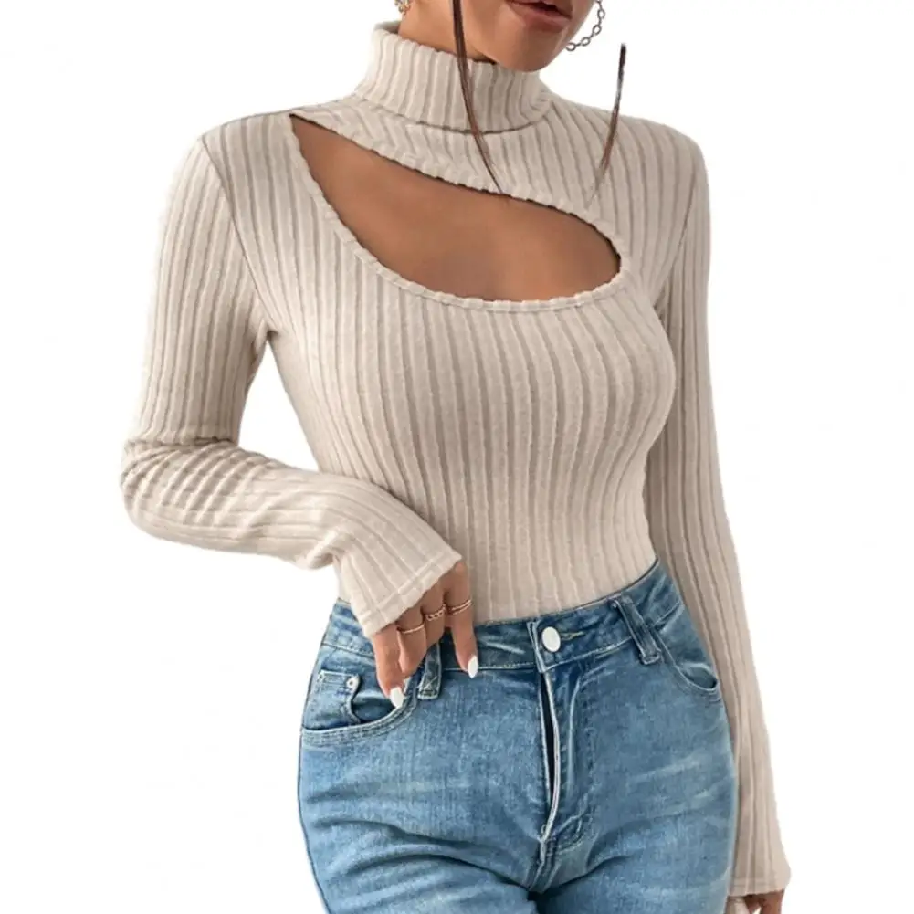 

Fall Women Blouse Top Hollow Out High Collar Solid Color Long Sleeve Striped Knitted Elastic Casual Lady Bottoming Blouse