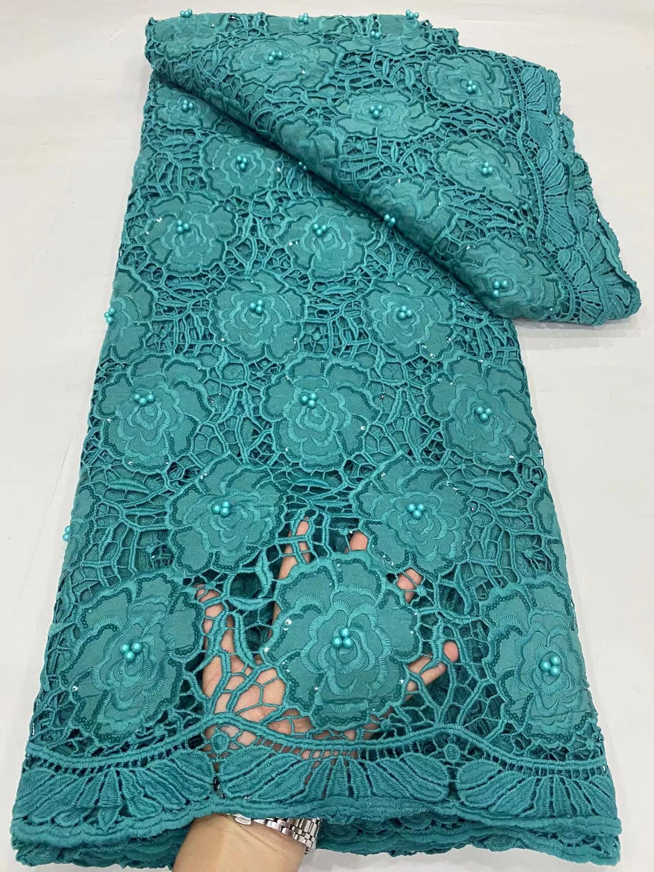 

5Yard African Beaded Lace Fabric 2023 Luxury Embroidery Sequins For Women Party Dresses White Water Soluble Design Cotton Fabric